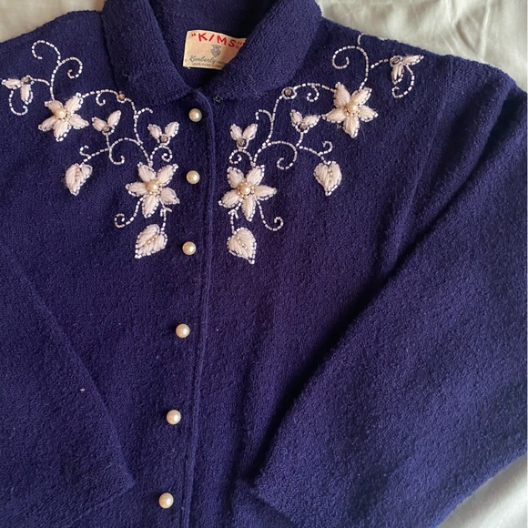 Vintage 50s Cardigan Sweater Wool Navy Beaded Embroidered Knit Kimberly Small - Picture 4 of 5